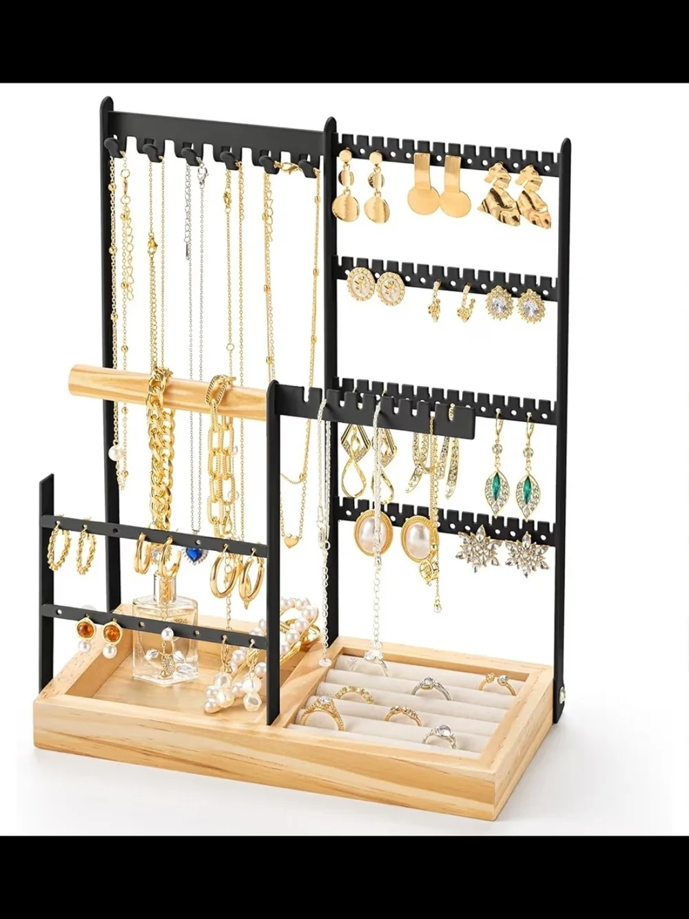Wood & Black Multi-Tier Jewelry Organizer Stand - Black